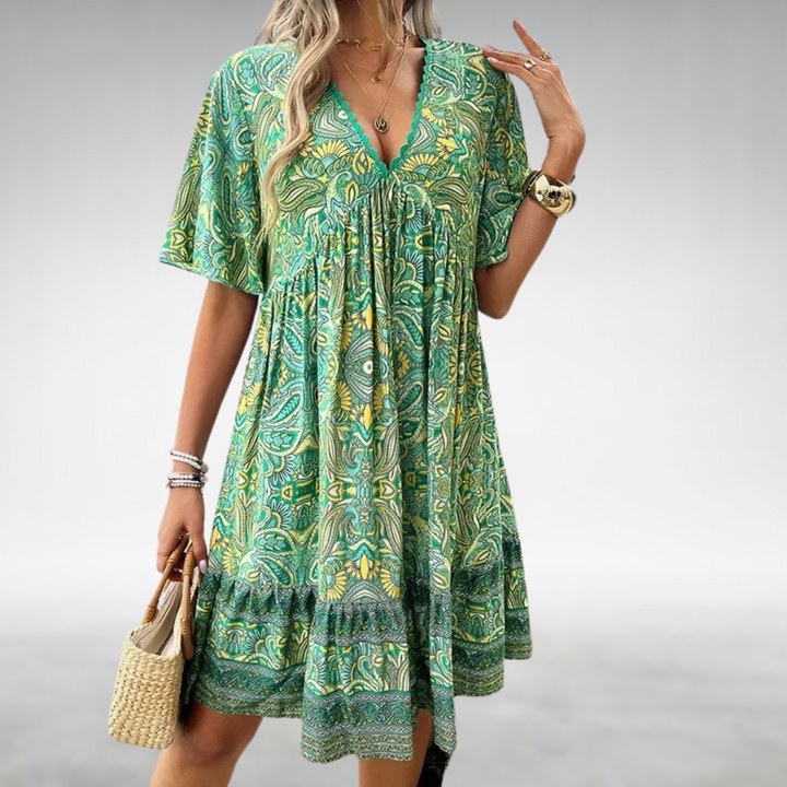 Mabel — Robe Mini Boho Col V Imprimee Bleue Verte Rouge Jaune