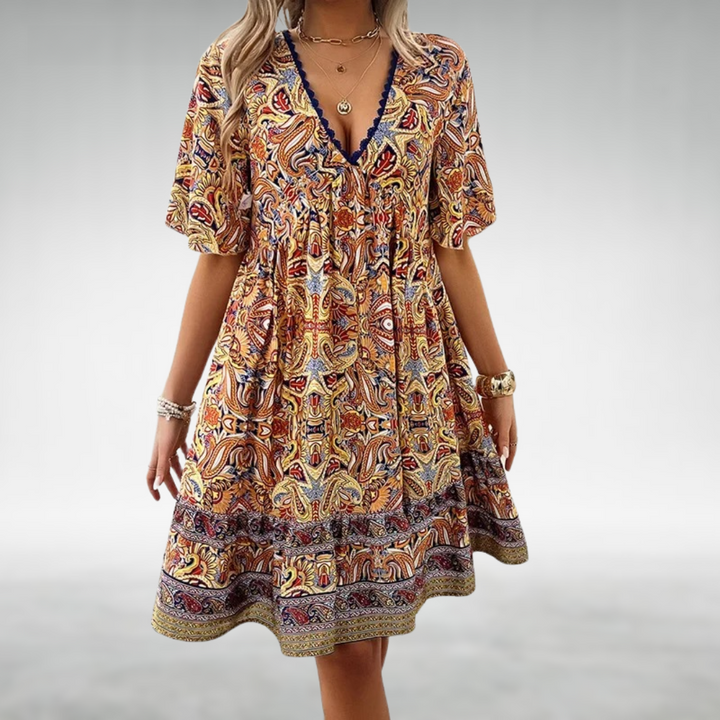 Mabel — Robe Mini Boho Col V Imprimee Bleue Verte Rouge Jaune