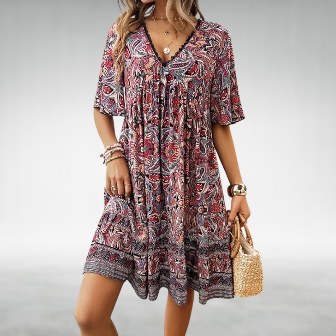 Mabel — Robe Mini Boho Col V Imprimee Bleue Verte Rouge Jaune