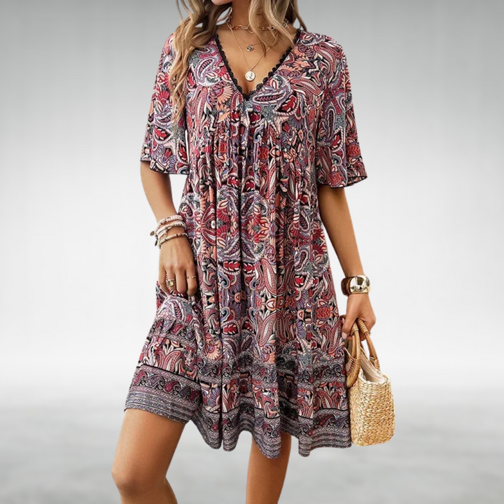 Mabel — Robe Mini Boho Col V Imprimee Bleue Verte Rouge Jaune