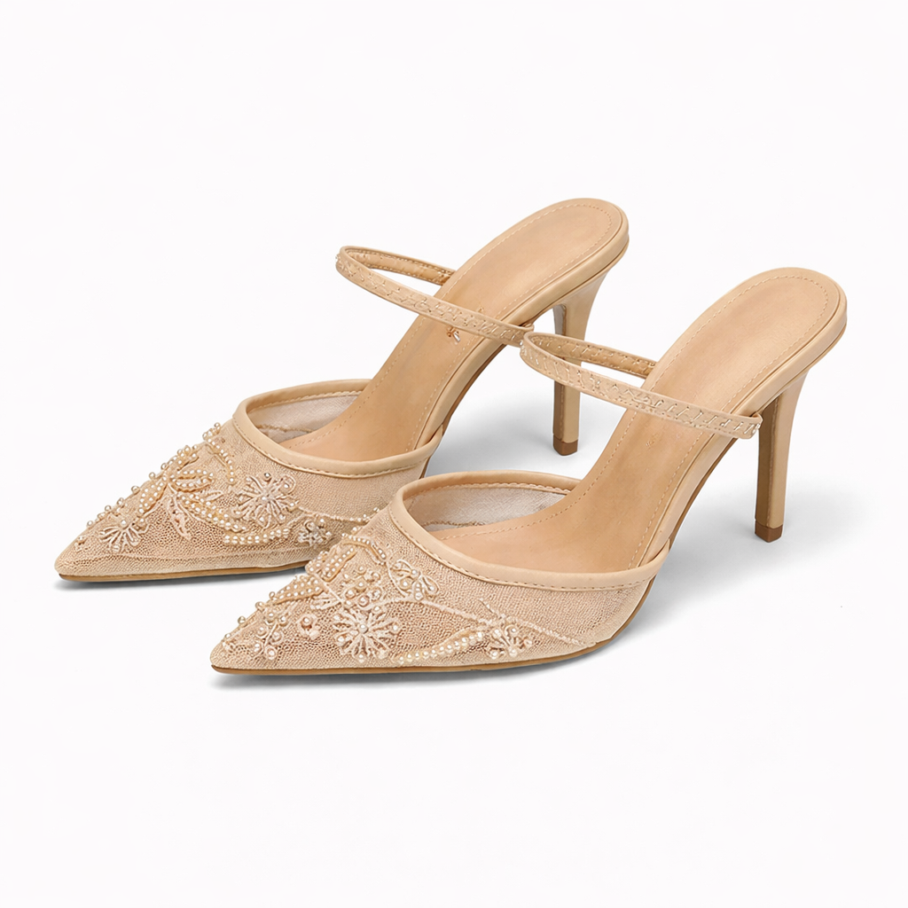 Mules Talon Mesh Brodé Floral Bout Pointu Femme | Élégantes Soirée