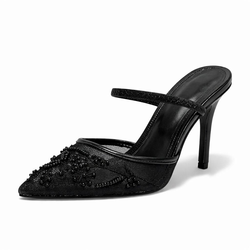 Mules Talon Mesh Brodé Floral Bout Pointu Femme | Élégantes Soirée