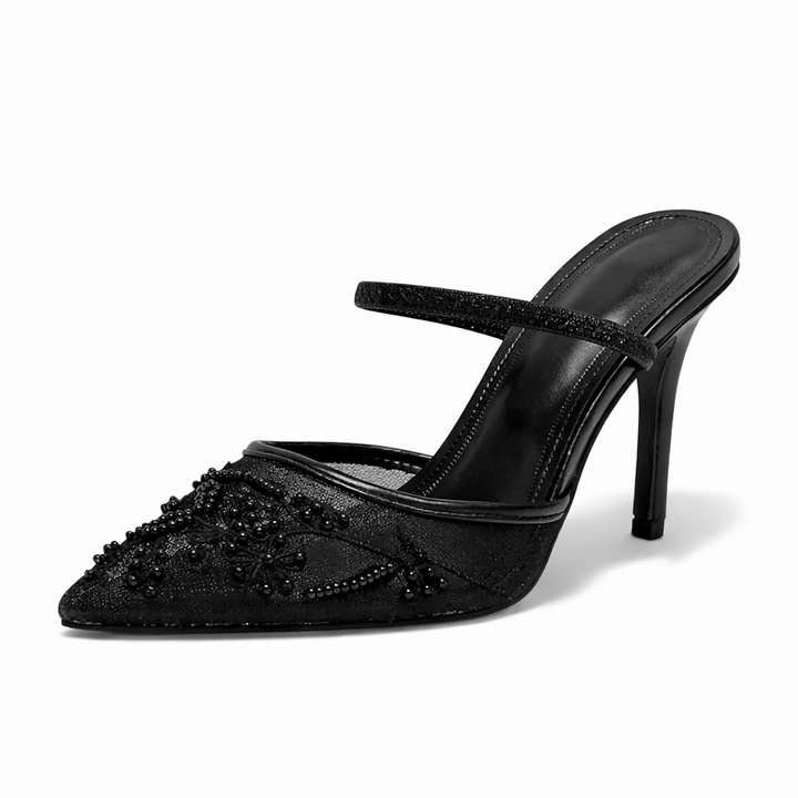 Mules Talon Mesh Brodé Floral Bout Pointu Femme | Élégantes Soirée