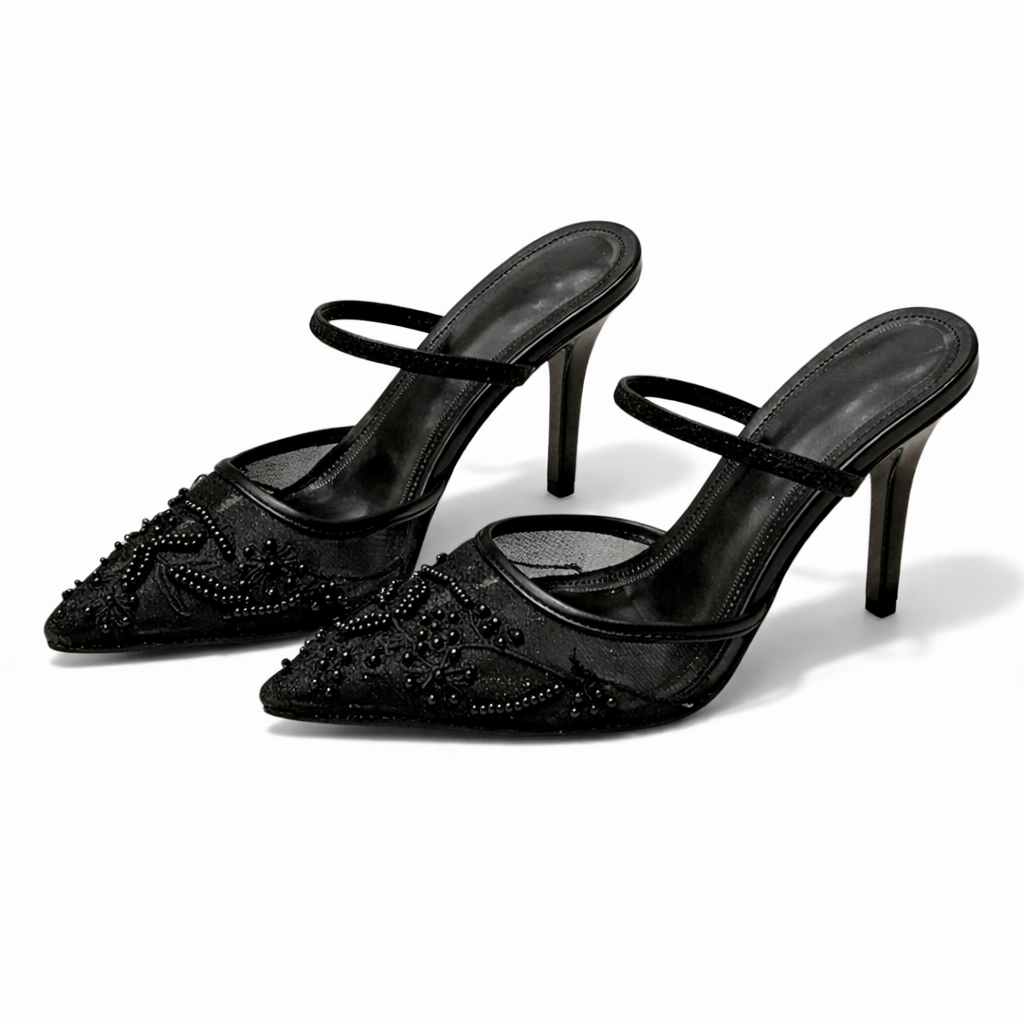 Mules Talon Mesh Brodé Floral Bout Pointu Femme | Élégantes Soirée
