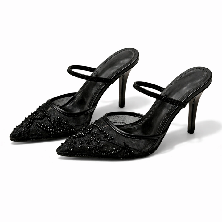 Mules Talon Mesh Brodé Floral Bout Pointu Femme | Élégantes Soirée