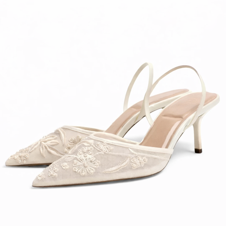 Mules Talon Mesh Brodé Floral Bout Pointu Femme | Élégantes Soirée