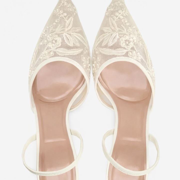 Mules Talon Mesh Brodé Floral Bout Pointu Femme | Élégantes Soirée