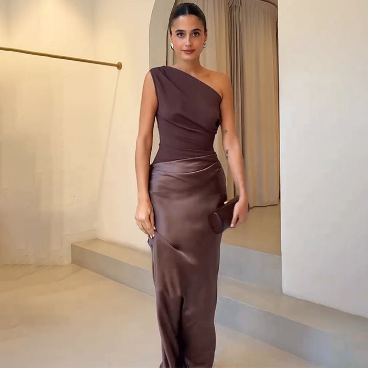 Maya — Robe Mariage Invitee Une Epaule Soiree Matcha Bleu Ciel Marron Fonce