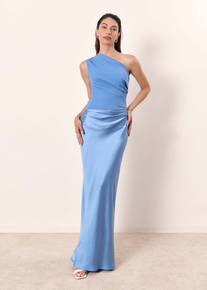 Maya — Robe Mariage Invitee Une Epaule Soiree Matcha Bleu Ciel Marron Fonce