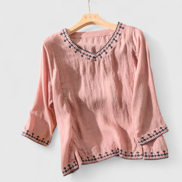 Taysia — Blouse Femme Col v Rose, Bleue Pour Style Confirme