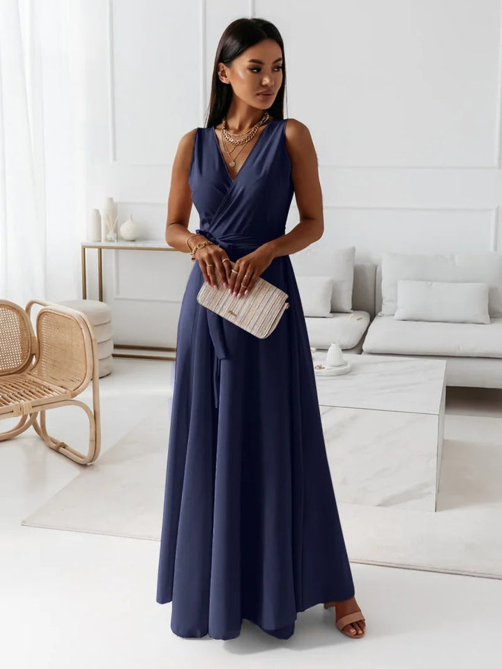 Hailey — Robe Mariage Invitee Portefeuille Maxi Elegant Bleu Marine Rose