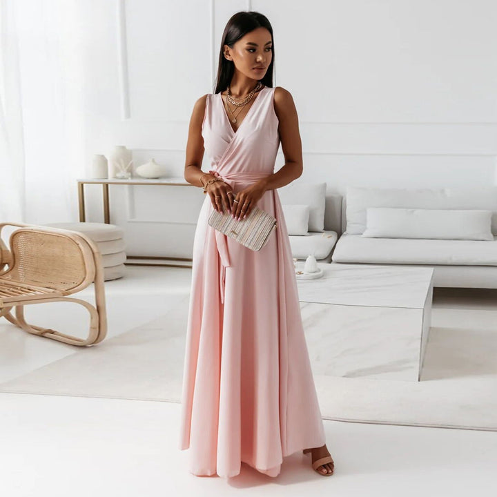 Hailey — Robe Mariage Invitee Portefeuille Maxi Elegant Bleu Marine Rose