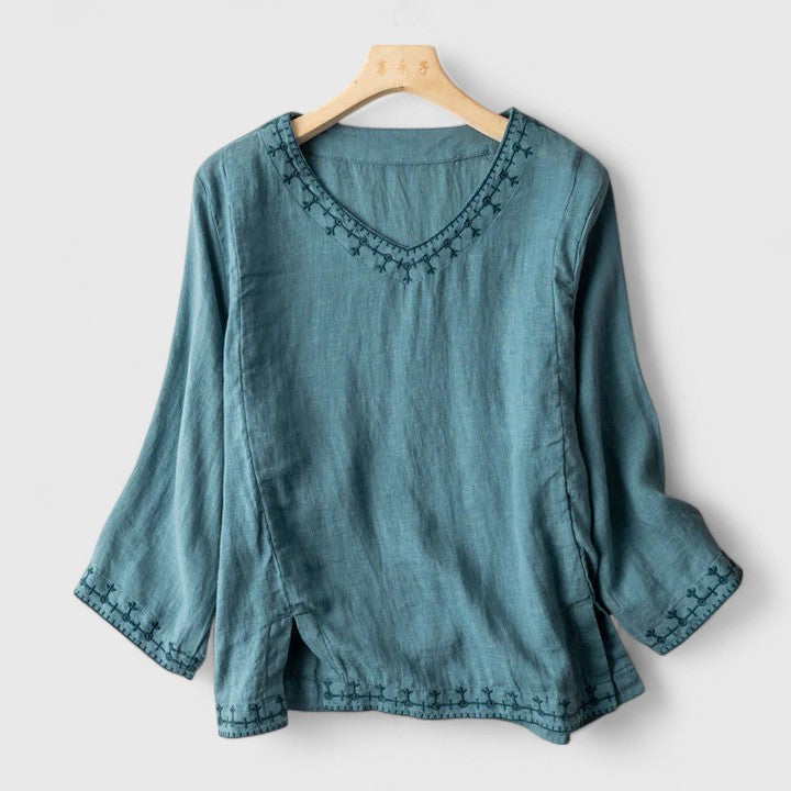 Taysia — Blouse Femme Col v Rose, Bleue Pour Style Confirme