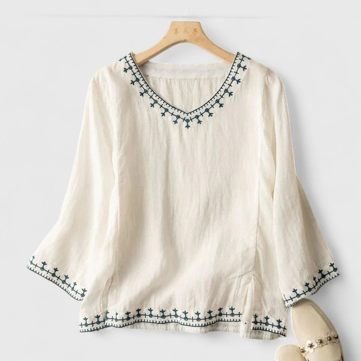 Taysia — Blouse Femme Col v Rose, Bleue Pour Style Confirme