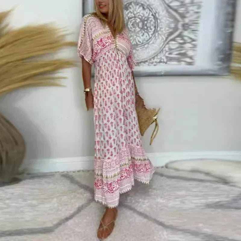 Emma — Robe Maxi Boho Pompons Manches Courtes Rose Pour Joie Feminine