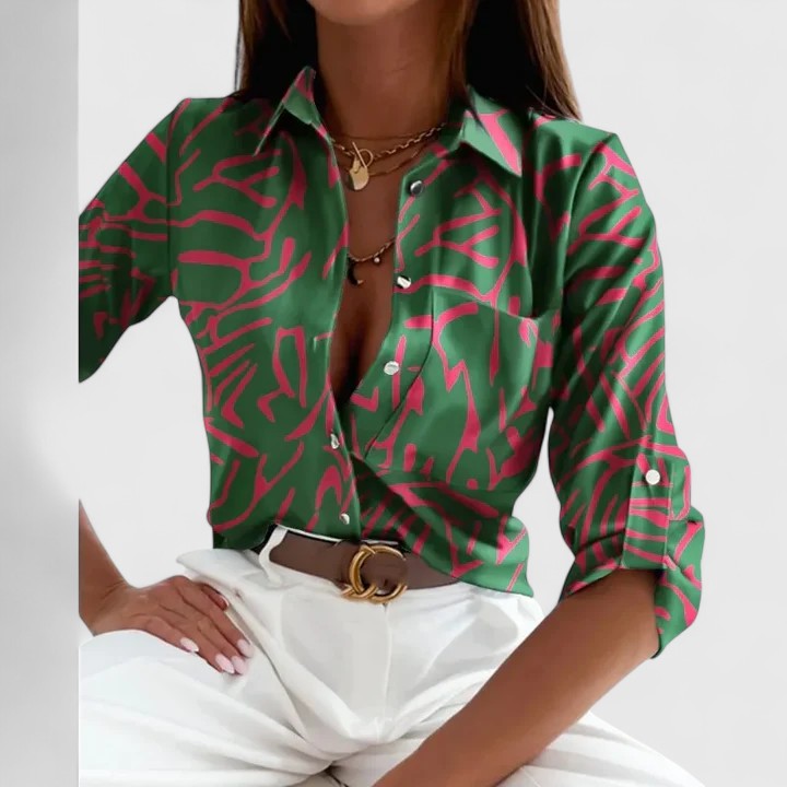 Lisette — Blouse Femme Elegante Manches Longues Multi Verte Kaki