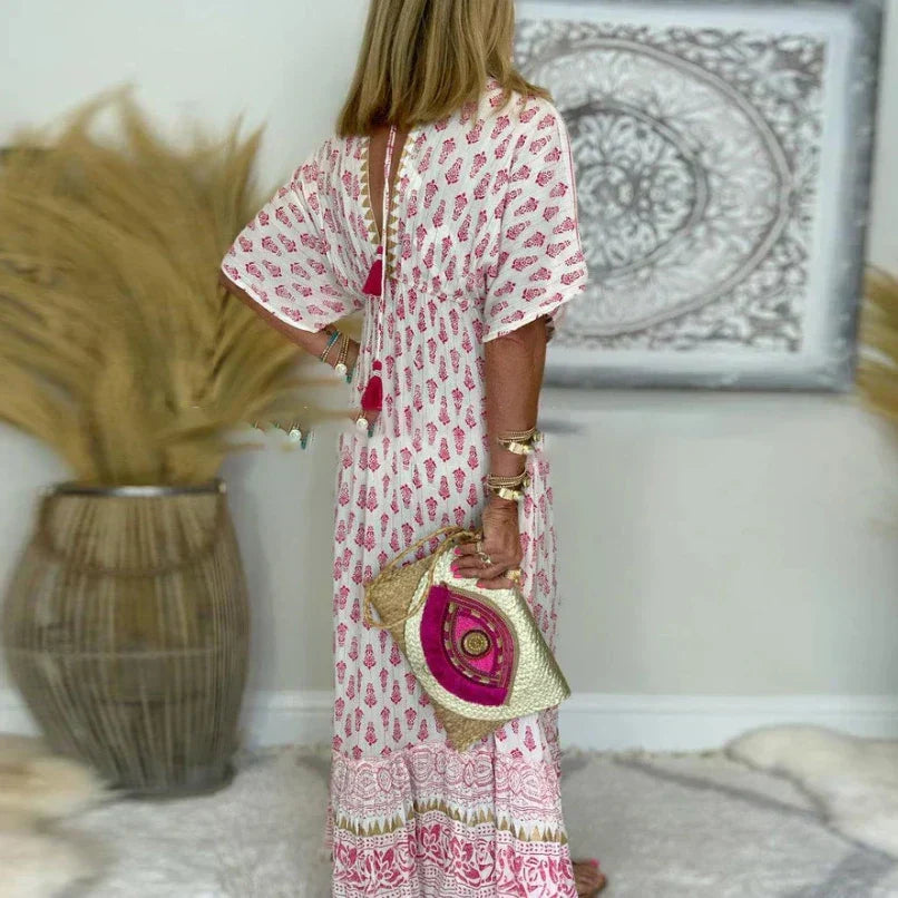 Emma — Robe Maxi Boho Pompons Manches Courtes Rose Pour Joie Feminine