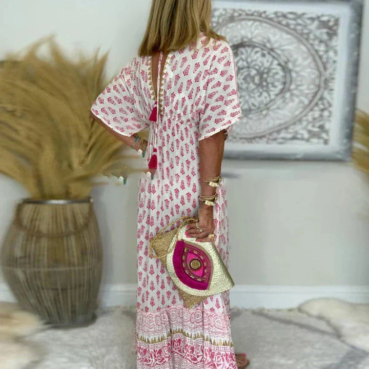 Emma — Robe Maxi Boho Pompons Manches Courtes Rose Pour Joie Feminine