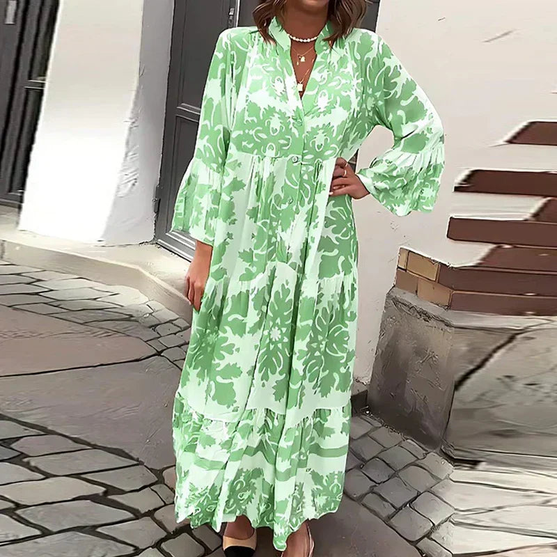 Kate — Robe Midi Boho Imprimee Manches Longues Bleue Violette Rouge Verte