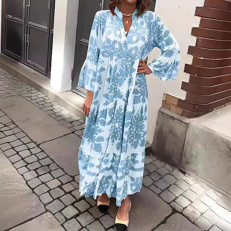 Kate — Robe Midi Boho Imprimee Manches Longues Bleue Violette Rouge Verte
