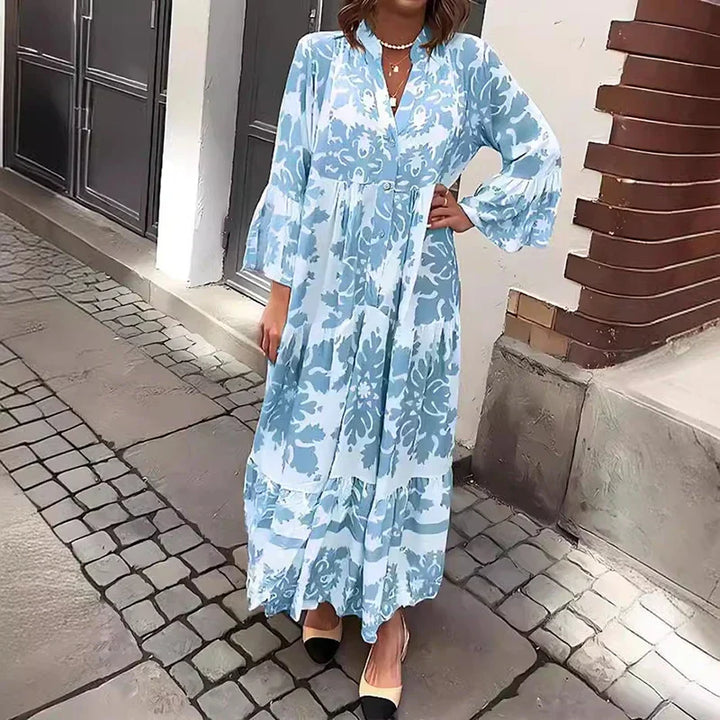 Kate — Robe Midi Boho Imprimee Manches Longues Bleue Violette Rouge Verte