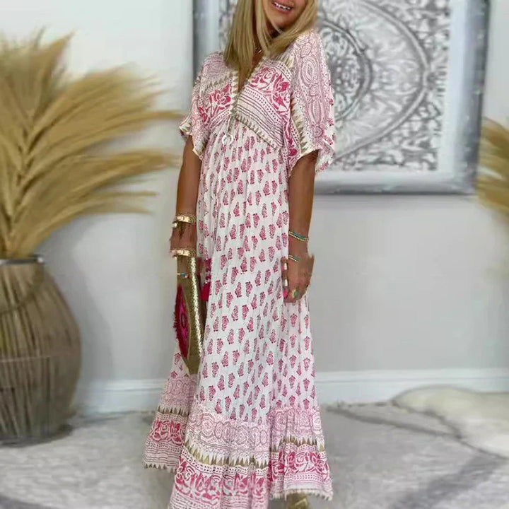 Emma — Robe Maxi Boho Pompons Manches Courtes Rose Pour Joie Feminine