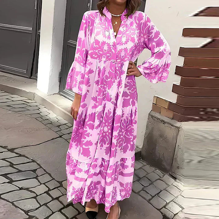 Kate — Robe Midi Boho Imprimee Manches Longues Bleue Violette Rouge Verte