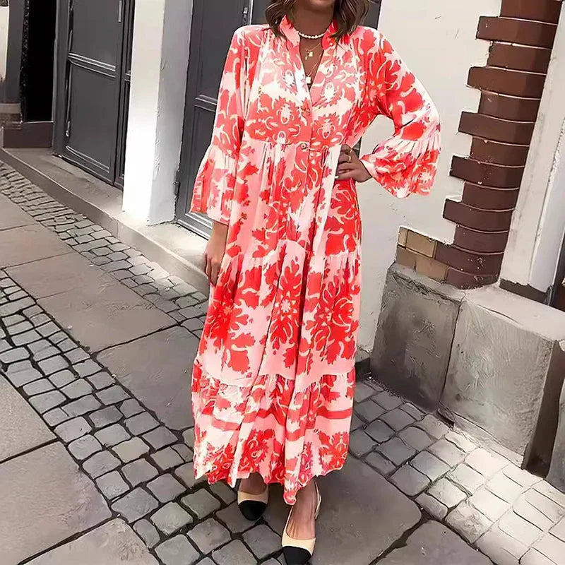 Kate — Robe Midi Boho Imprimee Manches Longues Bleue Violette Rouge Verte