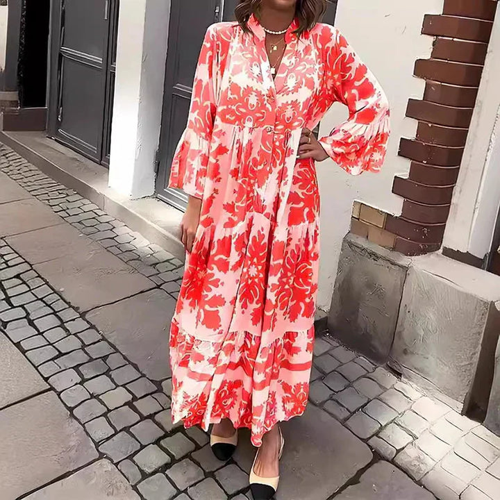 Kate — Robe Midi Boho Imprimee Manches Longues Bleue Violette Rouge Verte