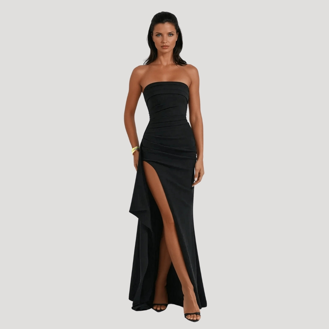 Emma — Robe Mariage Invitee Sans Bretelles Maxi Bleue Marine Rouge Noire