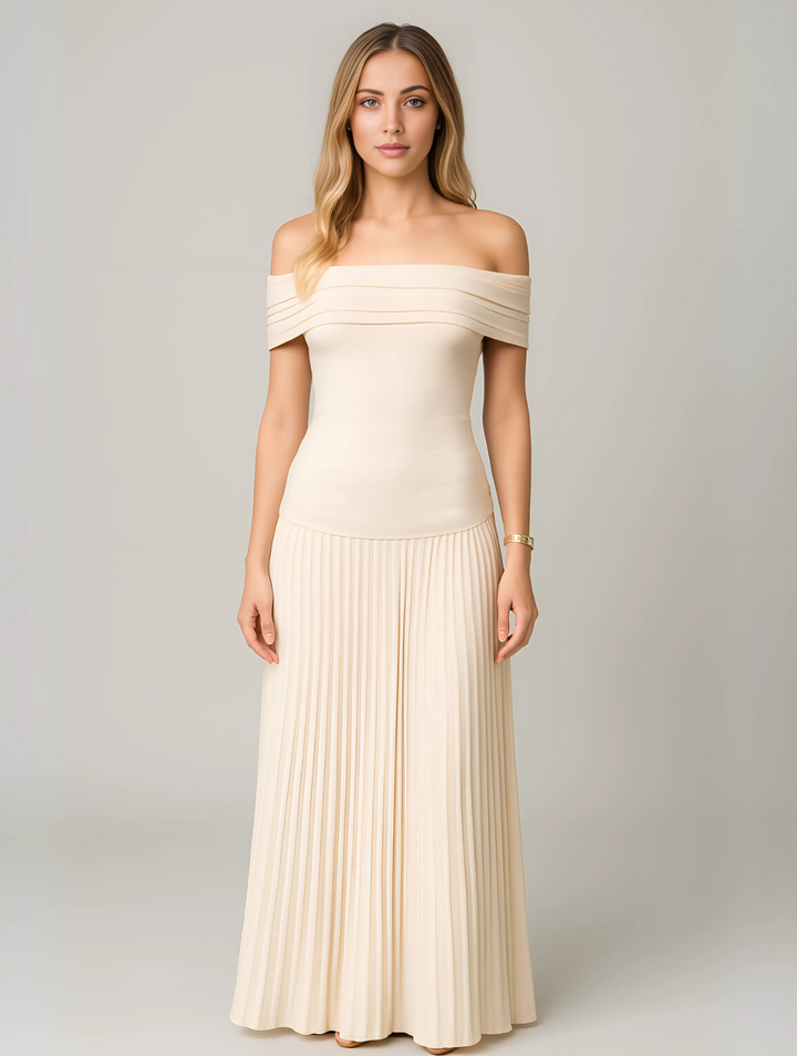 Bella — Robe Mariage Invitee Plissee Maxi Bleu Marine Bleu Ciel Beige