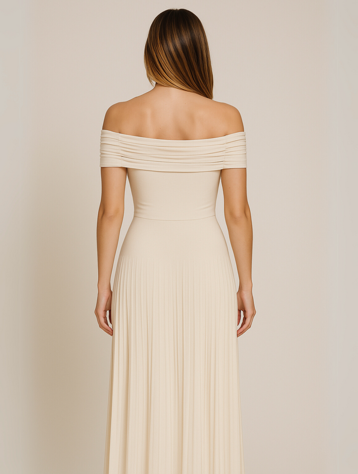 Bella — Robe Mariage Invitee Plissee Maxi Bleu Marine Bleu Ciel Beige