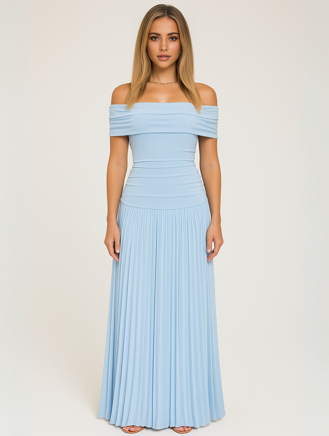 Bella — Robe Mariage Invitee Plissee Maxi Bleu Marine Bleu Ciel Beige