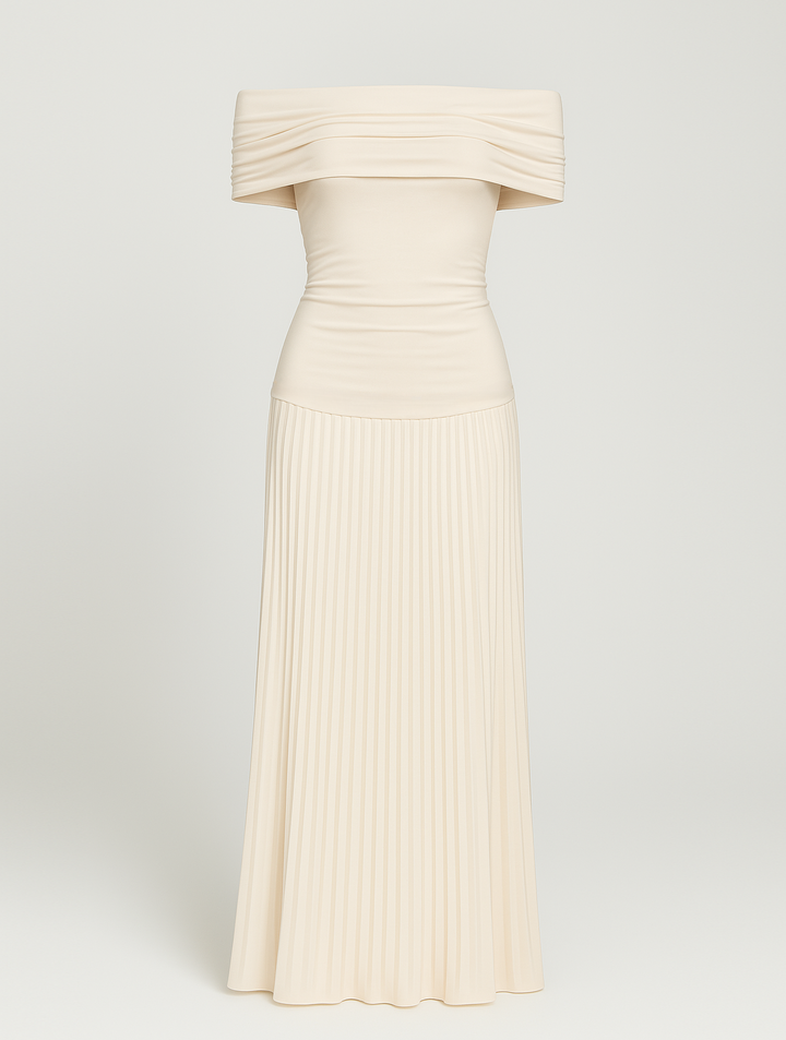 Bella — Robe Mariage Invitee Plissee Maxi Bleu Marine Bleu Ciel Beige