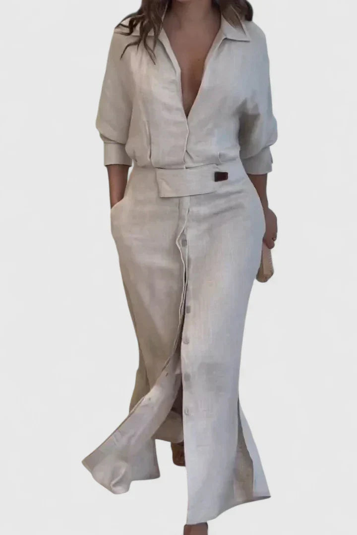 Monique — Robe Maxi Femme Elegante Verte Beige Bleue Noire Pour Presence Affirmee