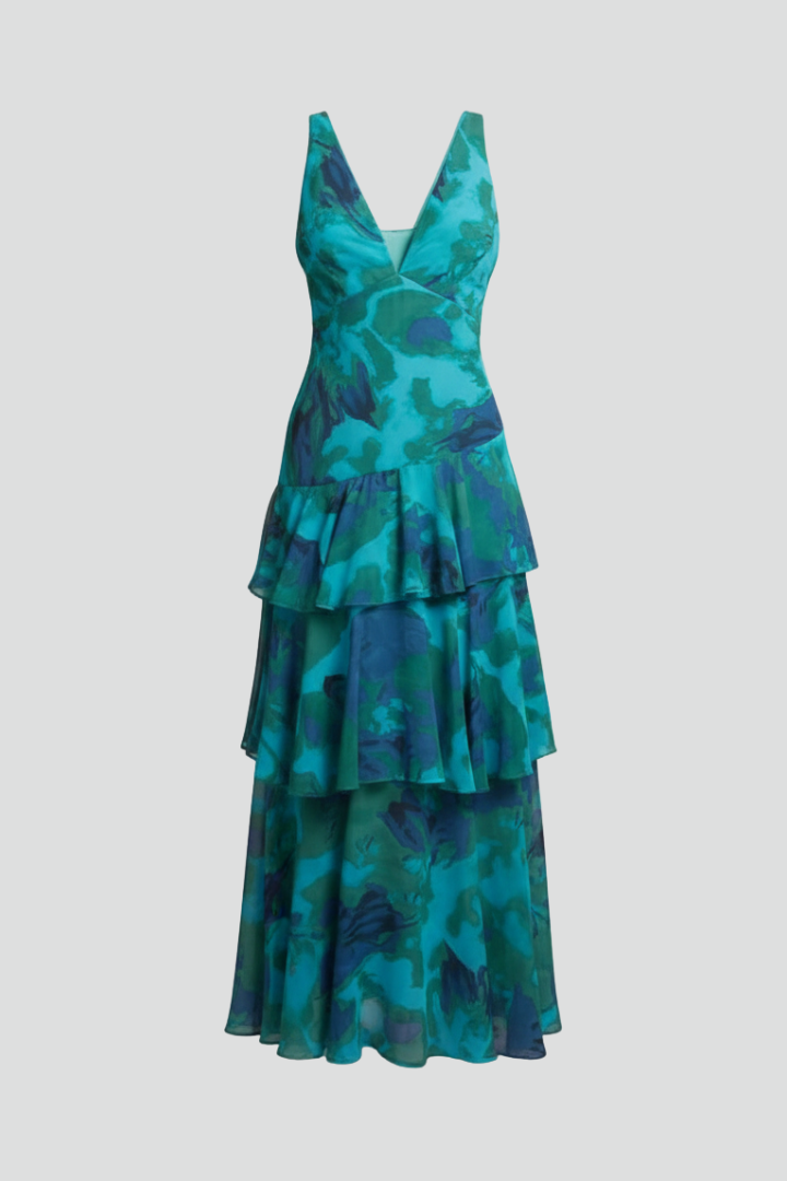 Gabriella — Robe Maxi Col V Jupe Etages Rouge Rose Bleue Pour Elegance Romantique