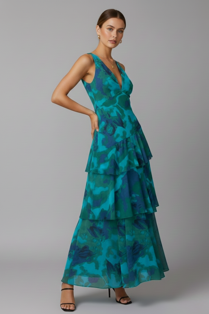 Gabriella — Robe Maxi Col V Jupe Etages Rouge Rose Bleue Pour Elegance Romantique