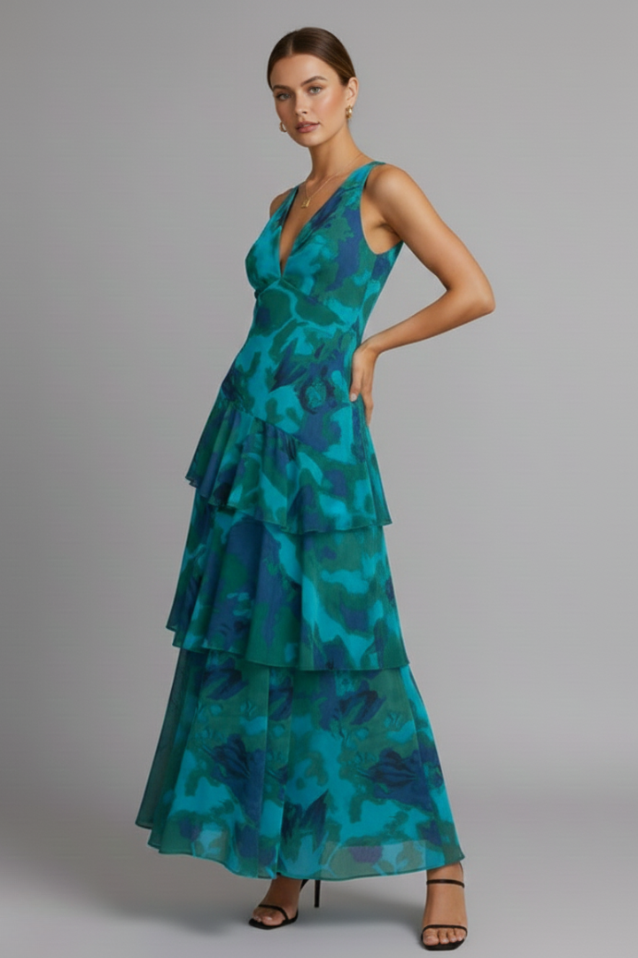 Gabriella — Robe Maxi Col V Jupe Etages Rouge Rose Bleue Pour Elegance Romantique