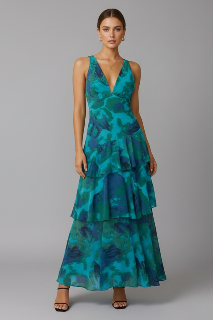 Gabriella — Robe Maxi Col V Jupe Etages Rouge Rose Bleue Pour Elegance Romantique
