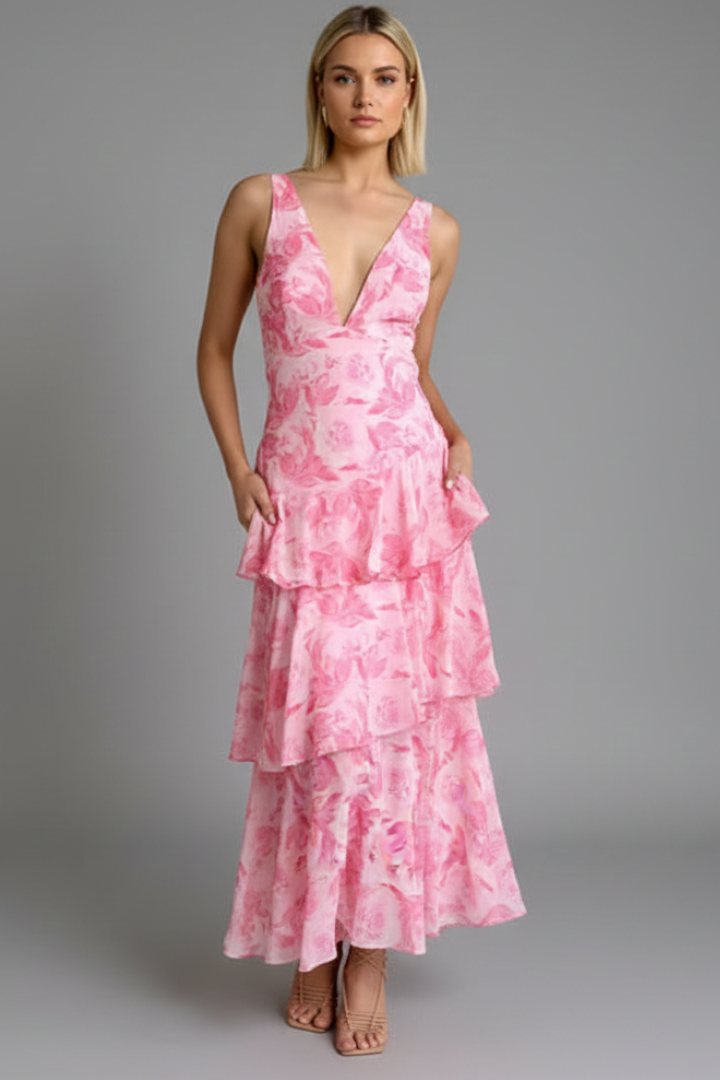 Gabriella — Robe Maxi Col V Jupe Etages Rouge Rose Bleue Pour Elegance Romantique