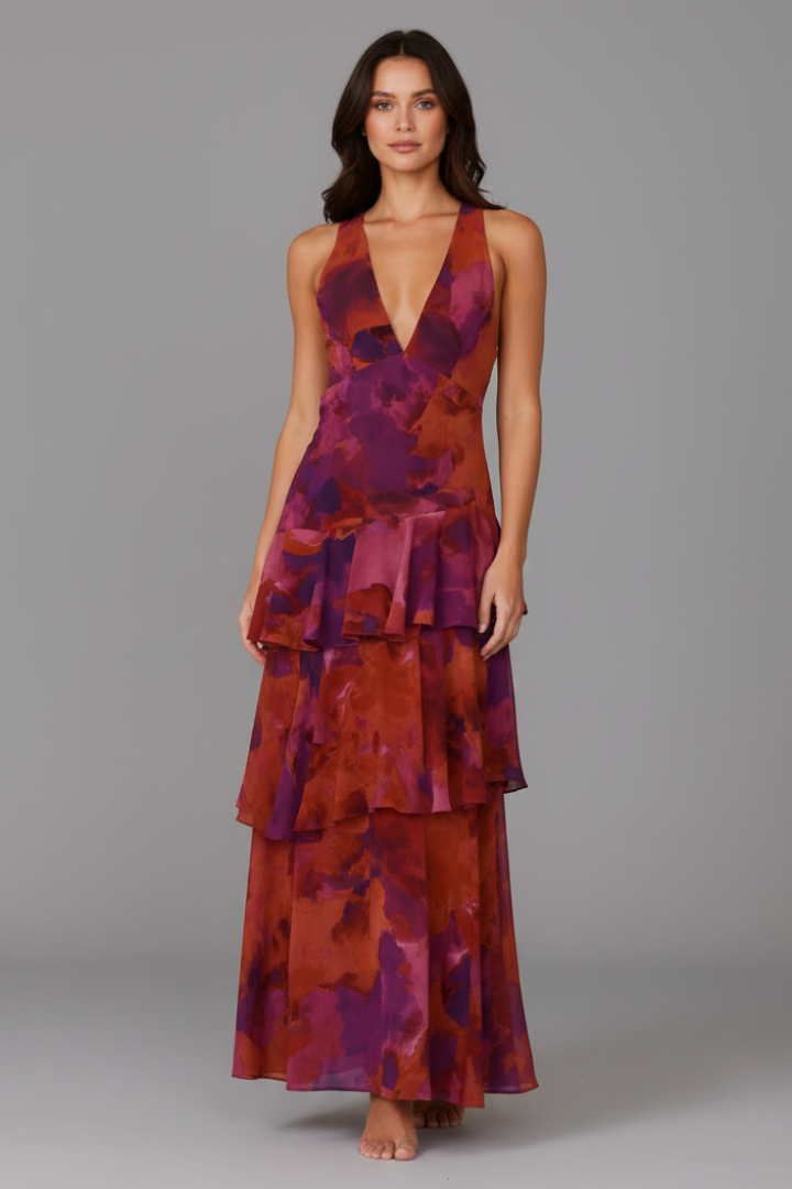 Gabriella — Robe Maxi Col V Jupe Etages Rouge Rose Bleue Pour Elegance Romantique