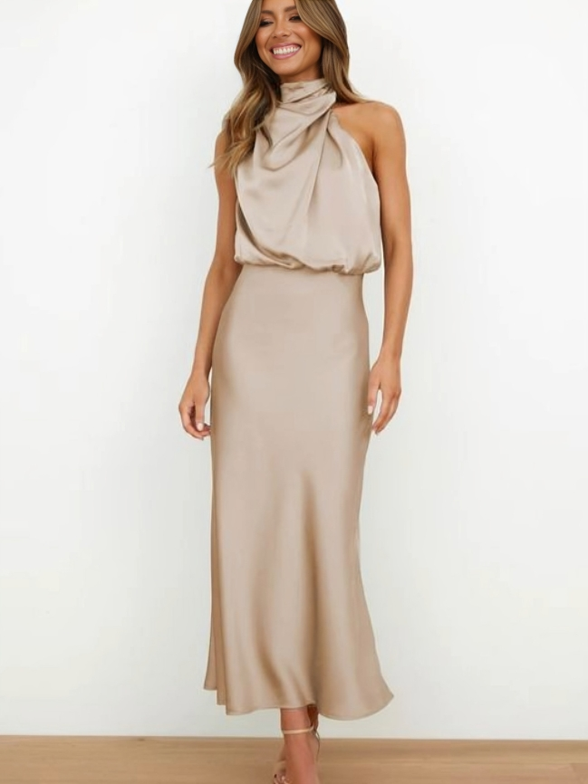 Faith — Robe Halter Soiree Femme Chic Bleu Marine Bordeaux Noire Vert Olive
