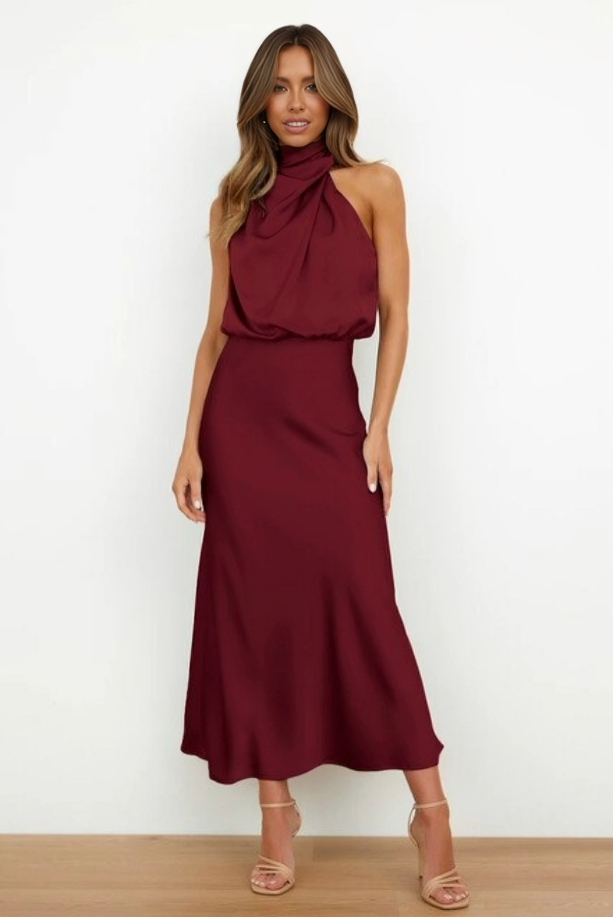 Faith — Robe Halter Soiree Femme Chic Bleu Marine Bordeaux Noire Vert Olive