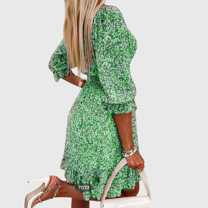 Elisa — Robe Femme Florale Manches Bouffantes Bleue Rose Verte