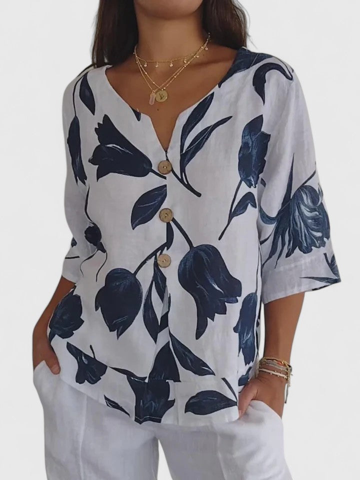 Laura — Blouse Femme Col v Rose, Bleue Pour Style Confirme