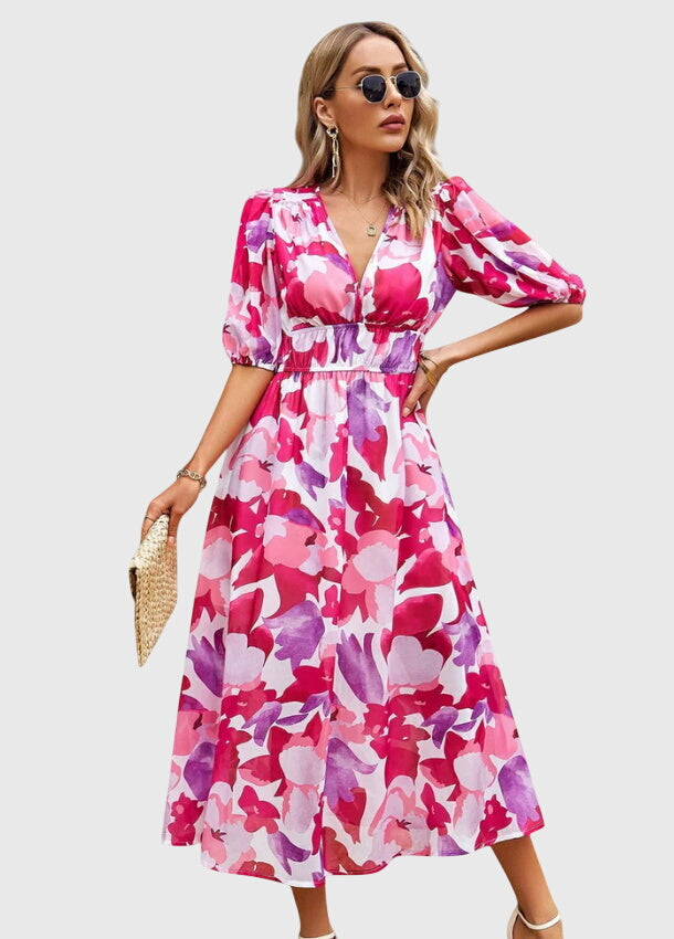 Merlin — Robe Midi Florale Femme Flatteuse Rose Bleue Verte et Fleuries