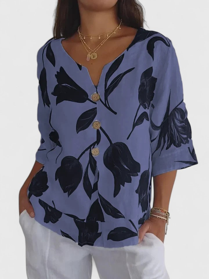 Laura — Blouse Femme Col v Rose, Bleue Pour Style Confirme