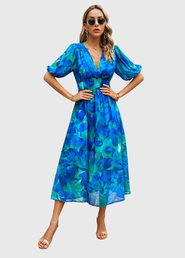 Merlin — Robe Midi Florale Femme Flatteuse Rose Bleue Verte et Fleuries