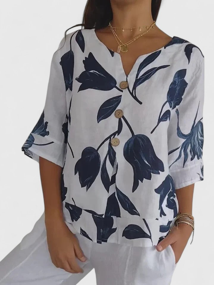 Laura — Blouse Femme Col v Rose, Bleue Pour Style Confirme