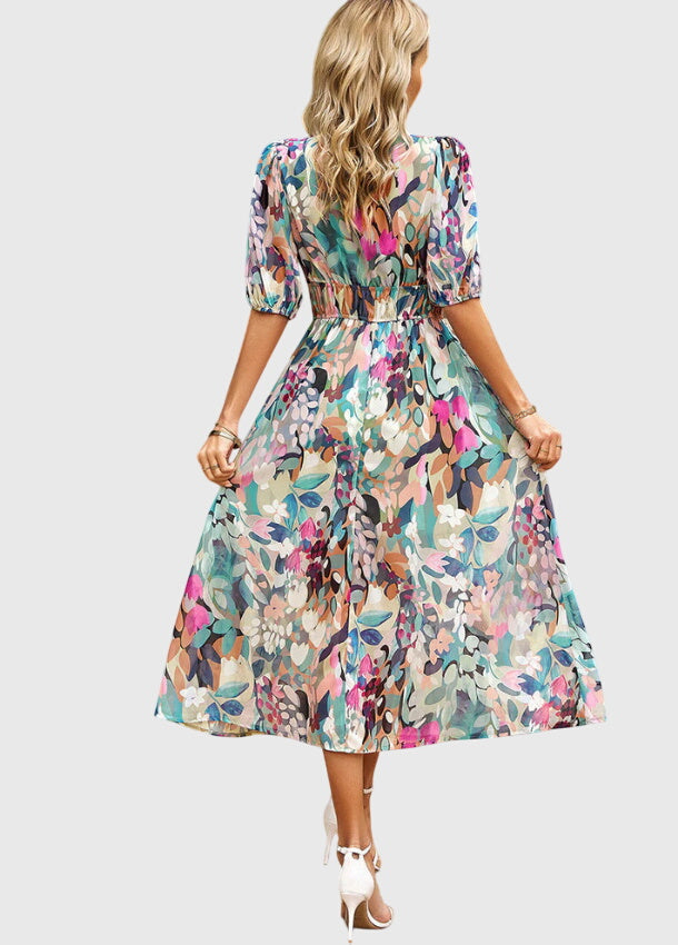 Merlin — Robe Midi Florale Femme Flatteuse Rose Bleue Verte et Fleuries